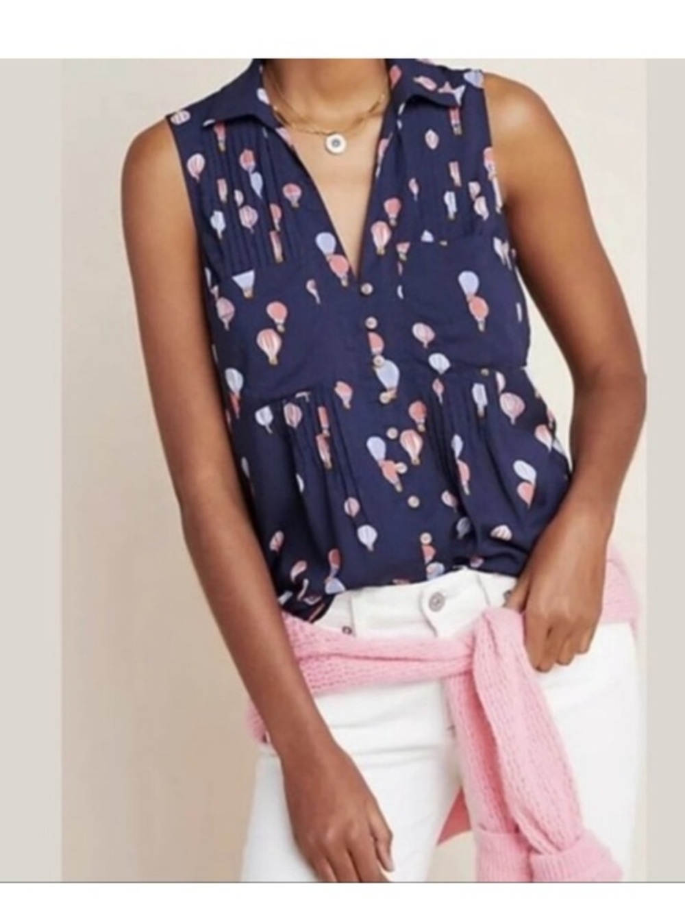 Maeve By Anthropologie Navy Sleeveless Balloon-Print Button Blouse Size Medium